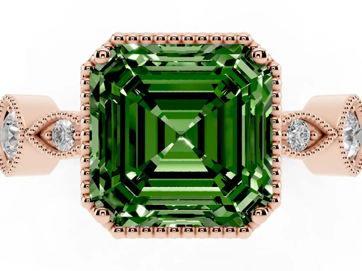 Fancy Green Asscher Cut Diamond Vintage Milgrain Ring with Round Stations Rose gold