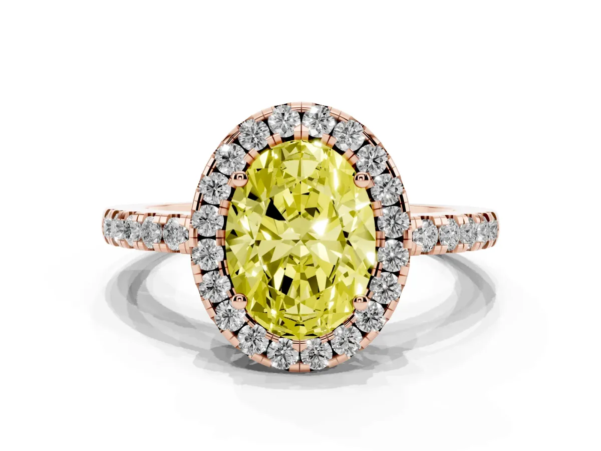 Fancy Yellow Oval Cut Halo Diamond Engagement Ring with Pavé Band and Four-Prong Setting Rose gold