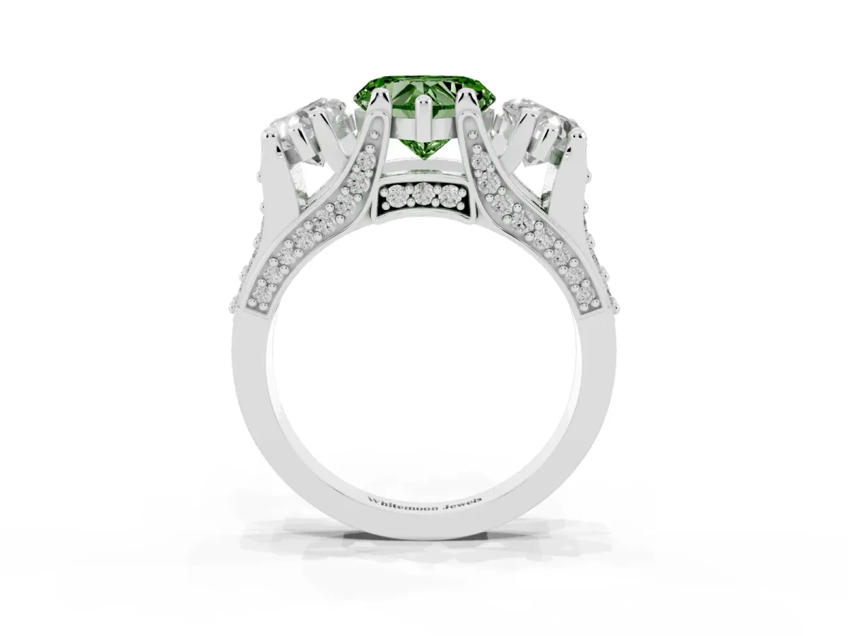 Fancy Green Heart Cut Diamond Three-Stone Ring with Channel Set Band and Four-Prong Setting Silver