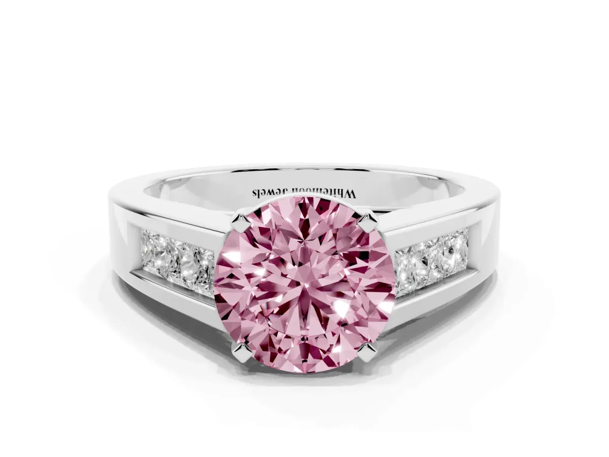 Fancy Pink Round Cut Cut Channel Set Solitaire Ring with Four-Prong Setting Platinum