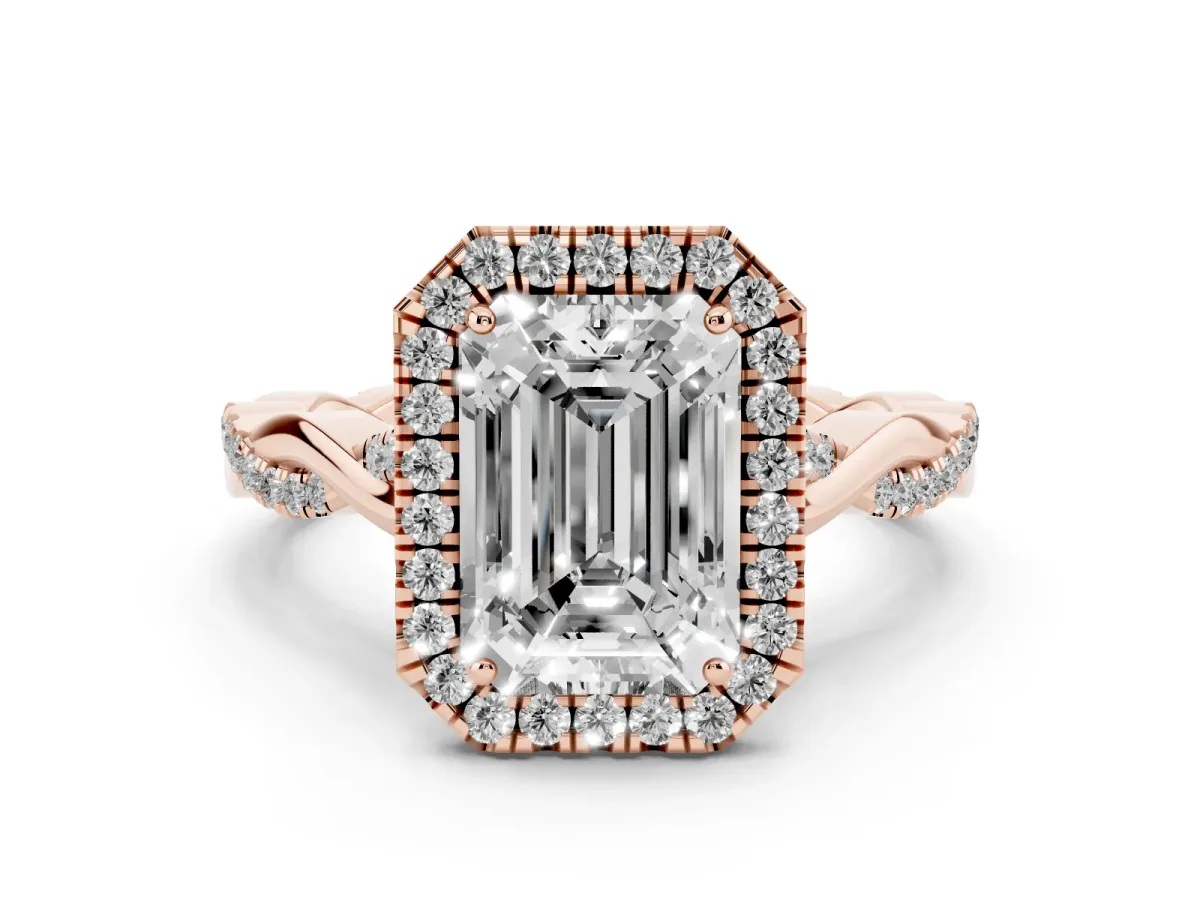 Emerald Cut Halo Twist Band Solitaire Ring Rose gold
