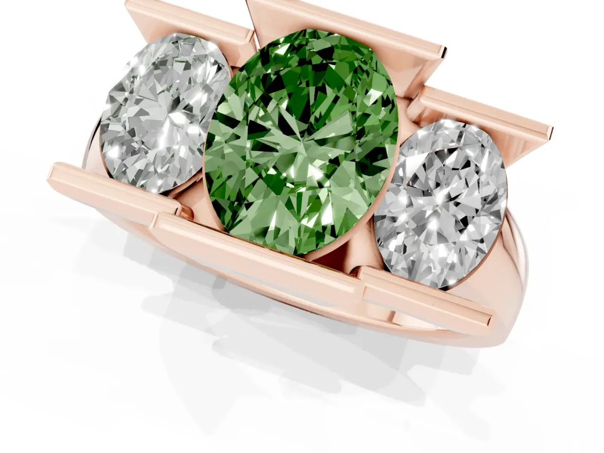Fancy Green Three Stone Oval Cut Cut Channel Set Diamond Ring Rose gold