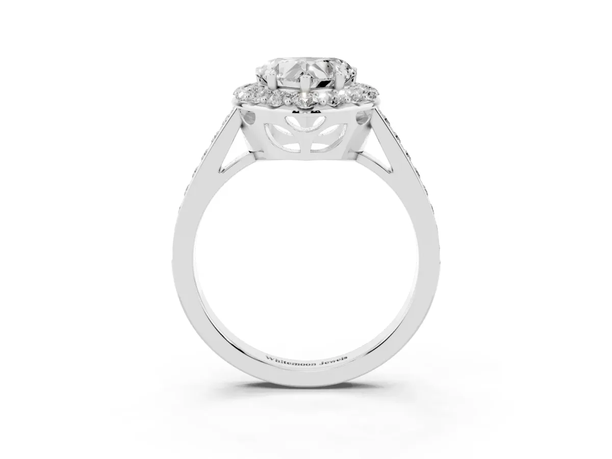 Heart Cut Diamond Floral Halo Ring with Pavé Band and Prong Setting White gold