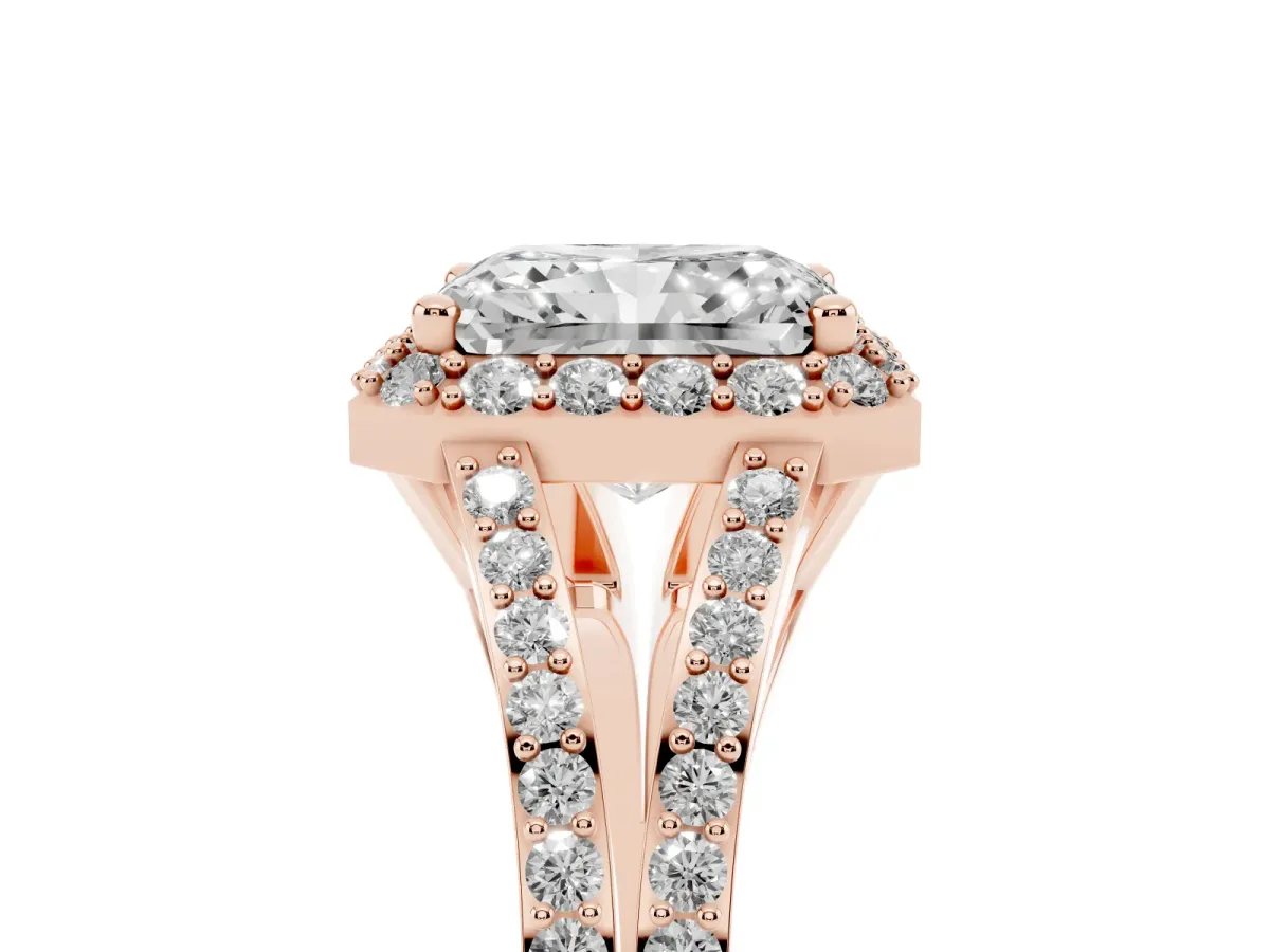 Radiant Cut Halo Split Shank Diamond Ring with Prong Setting Rose gold
