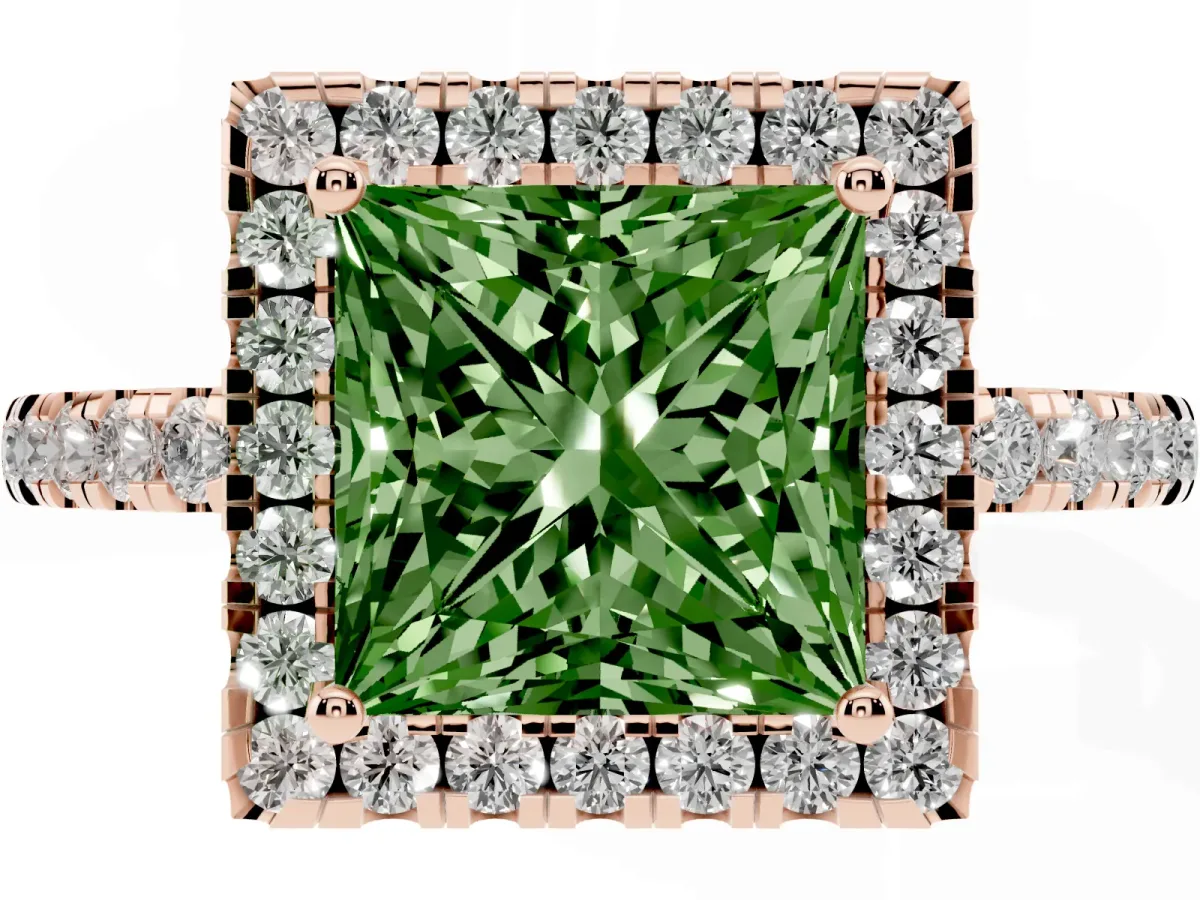 Fancy Green Princess Cut Halo Diamond Engagement Ring with Pavé Band and Four-Prong Setting Rose gold