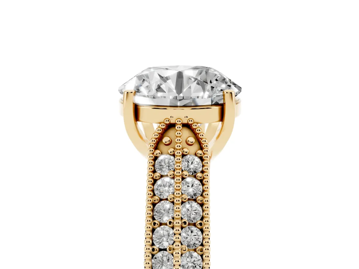 Round Cut Cut Pave Split Shank Engagement Ring with Four-Prong Setting Yellow gold