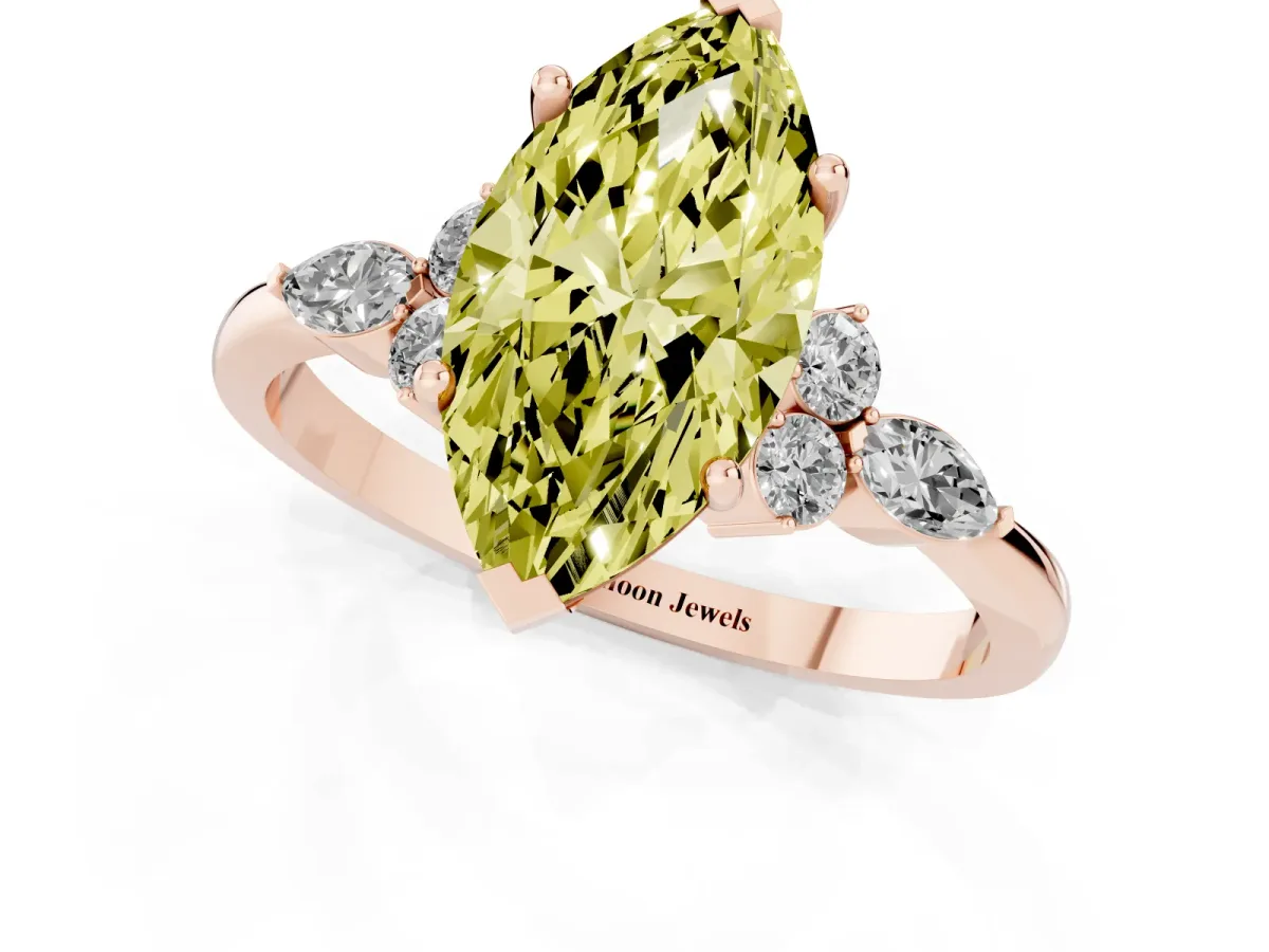 Fancy Yellow Marquise Cut Brilliant Diamond Solitaire Ring with Pear Side Stones and Four-Prong Setting Rose gold