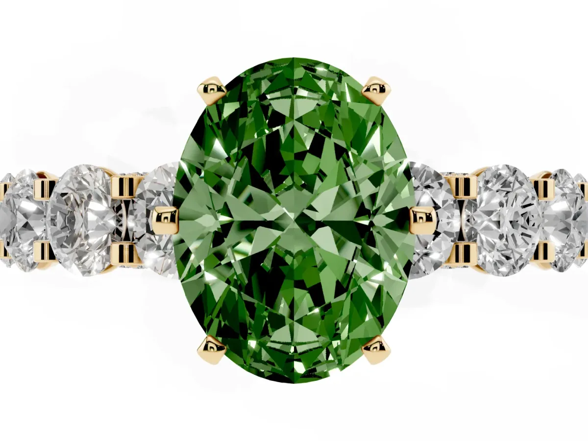 Fancy Green Oval Cut Diamond Side Stone Engagement Ring with Four-Prong Setting Yellow gold