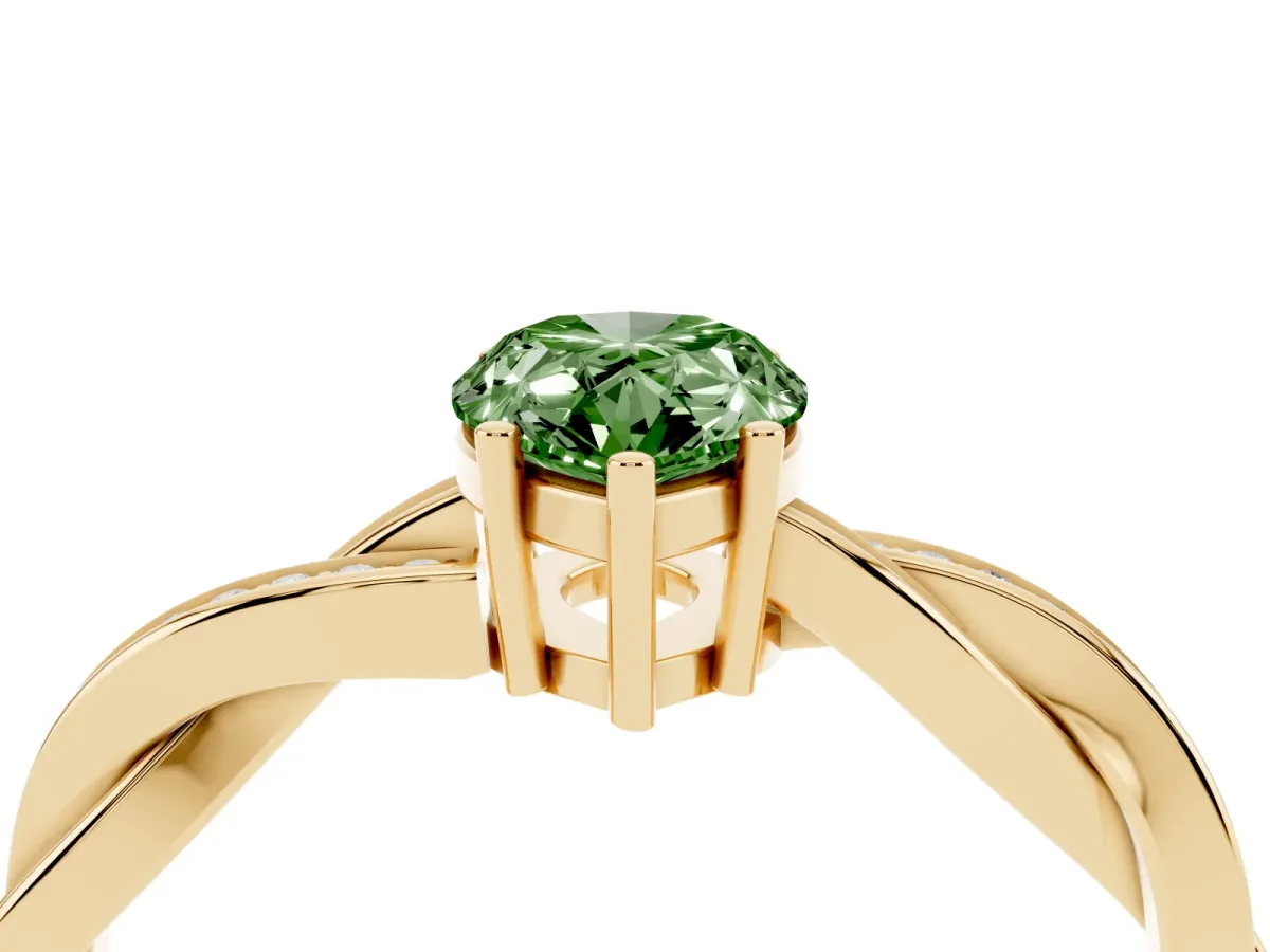 Fancy Green Pear Cut Solitaire Twisted Pave Diamond Ring with Four-Prong Setting Yellow gold