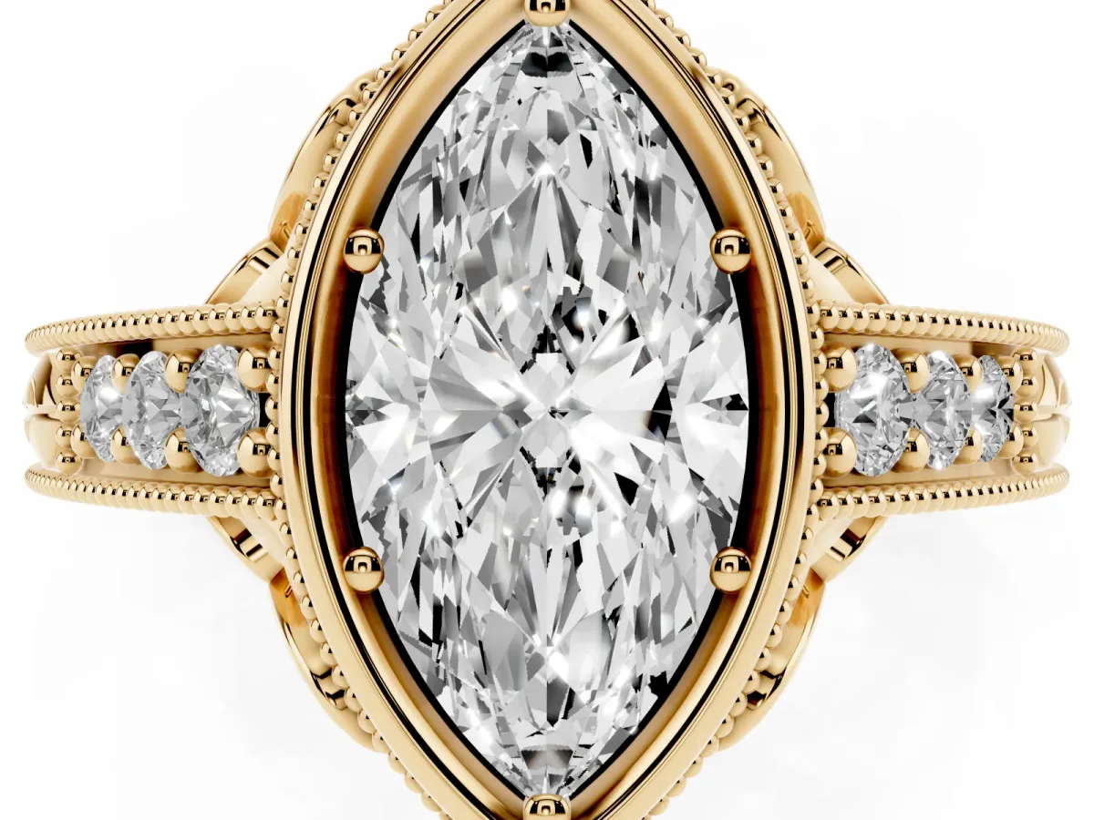 Bezel Set Marquise Cut Diamond Milgrain Pave Engagement Ring Yellow gold