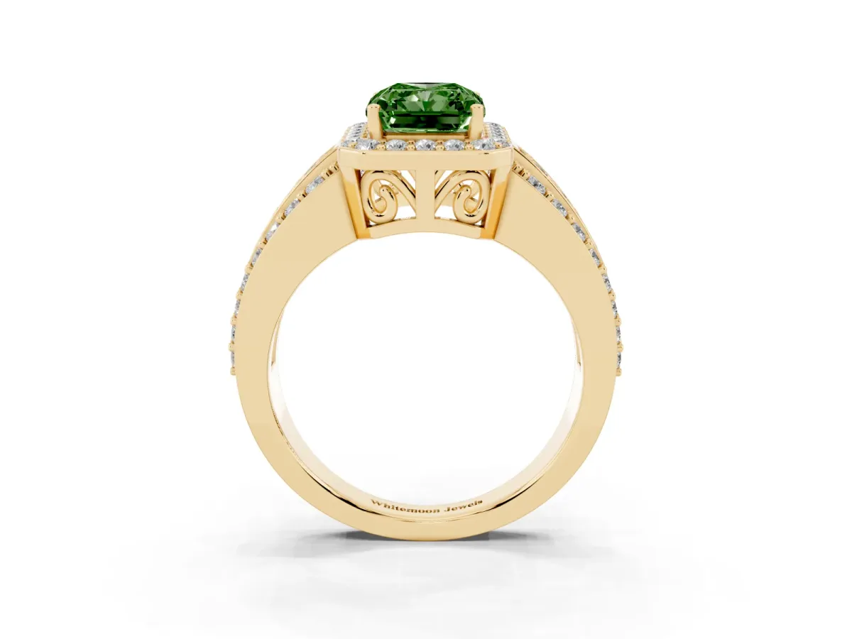 Fancy Green Radiant Cut Halo Diamond Ring with Round Split Shank and Prong Setting Yellow gold