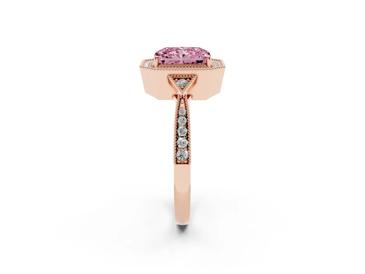 Fancy Pink Radiant Cut Halo Round Diamond Milgrain Pave Engagement Ring Rose gold