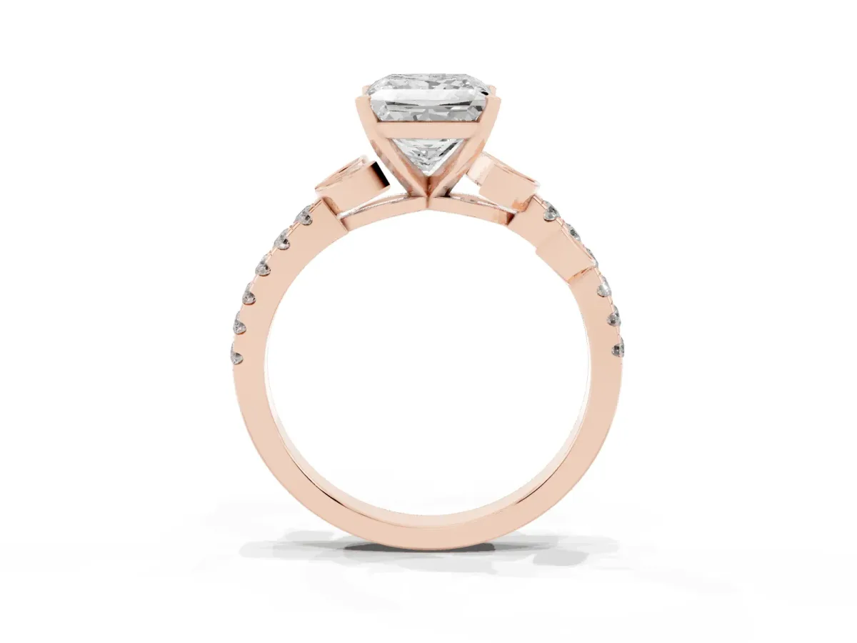 Princess Cut Solitaire Leaf-Inspired Diamond Ring with Pavé Band and Four-Prong Setting Rose gold