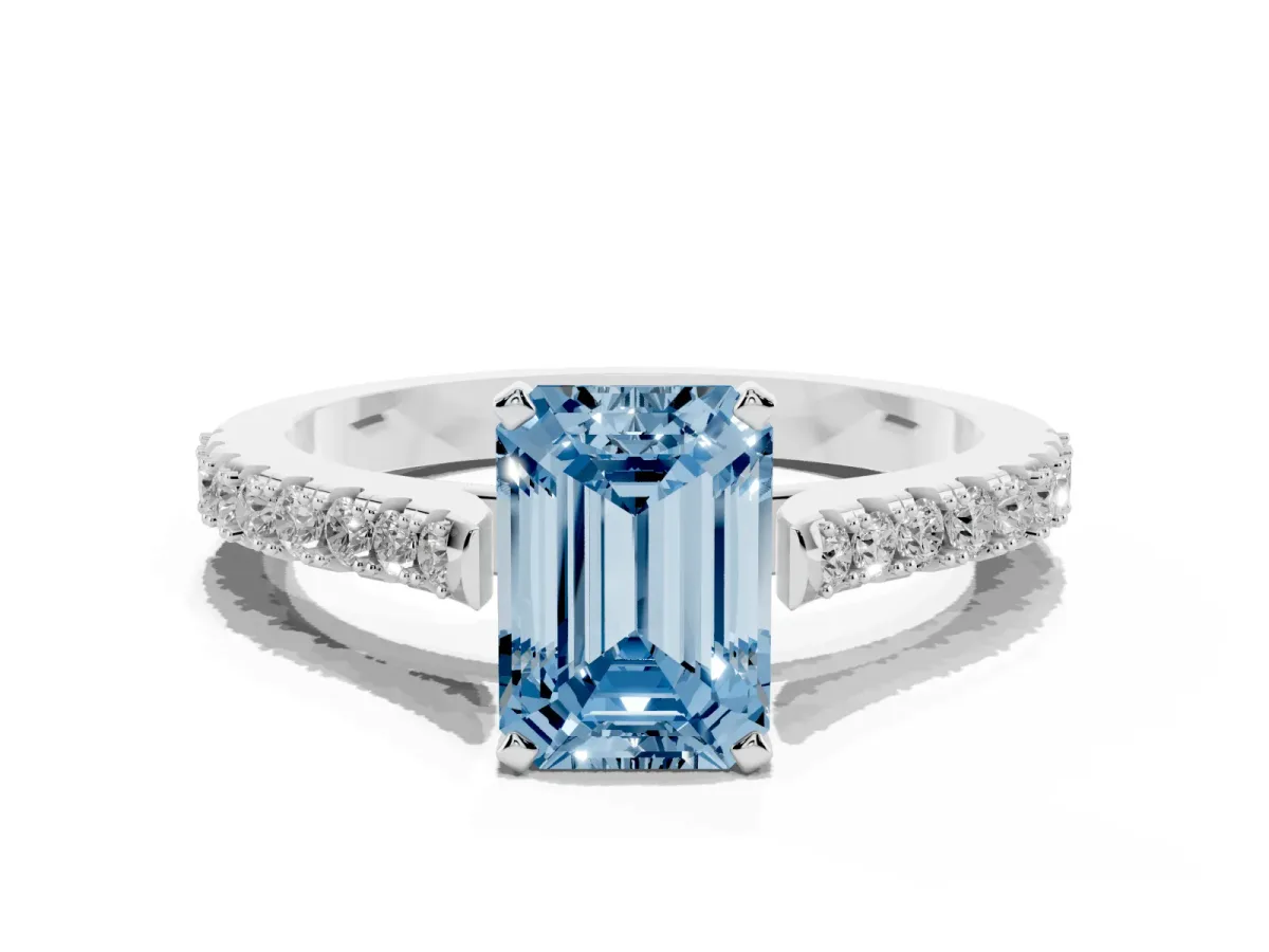 Fancy Blue Emerald Cut Cut Solitaire Diamond Engagement Ring with Pave Band and Four-Prong Setting Silver