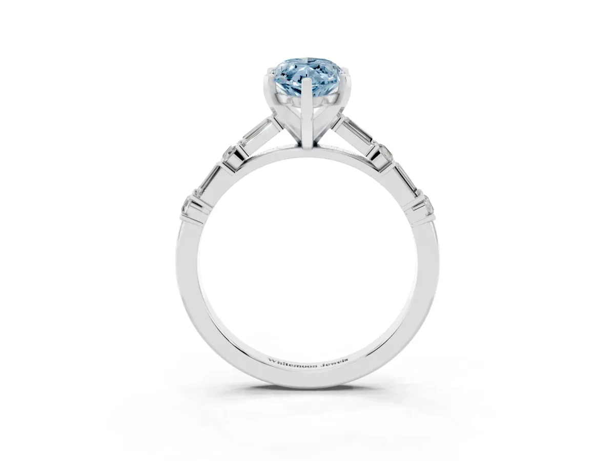 Fancy Blue Marquise Cut Diamond Solitaire with Side Baguettes and Channel Set Band Silver