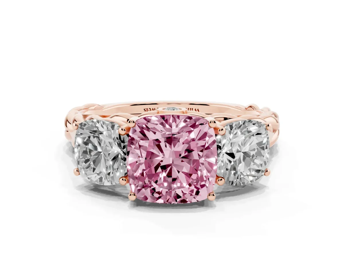 Fancy Pink Three-Stone Cushion Cut Diamond Braided Band Ring with Four-Prong Setting Rose gold