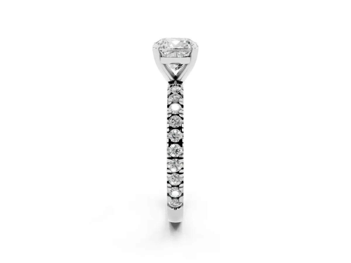 Cushion Cut Diamond Pavé Band Solitaire with Four-Prong Setting Platinum