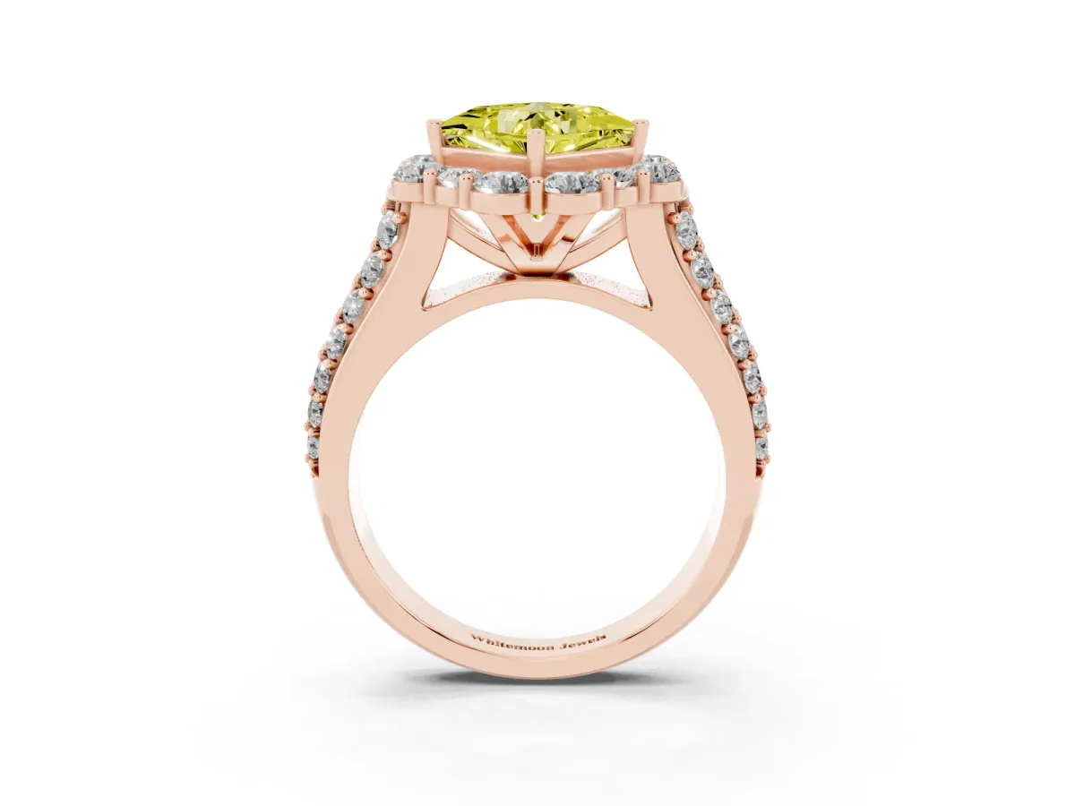 Fancy Yellow Princess Cut Halo Diamond Engagement Ring with Split Shank and Prong Setting Rose gold