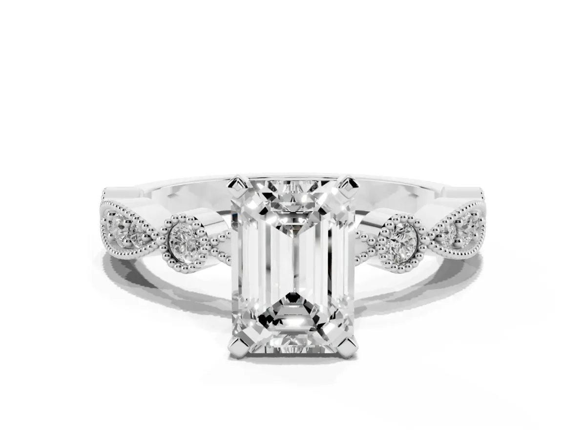 Emerald Cut Milgrain Bezel Diamond Engagement Ring with Solitaire Prong Setting Silver