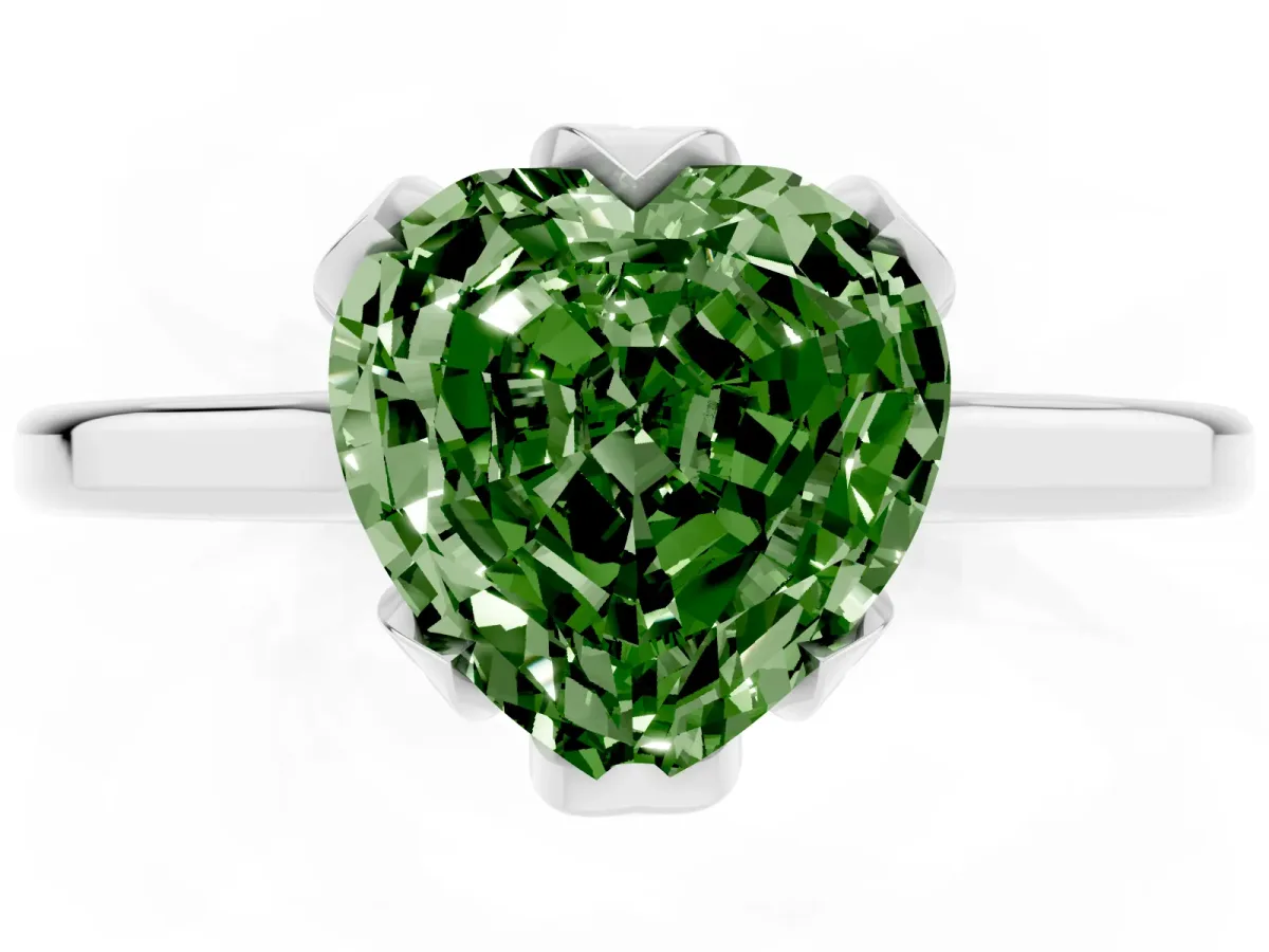 Fancy Green Heart Cut Diamond Solitaire Ring with Flower Prong Setting and Classic Band Platinum