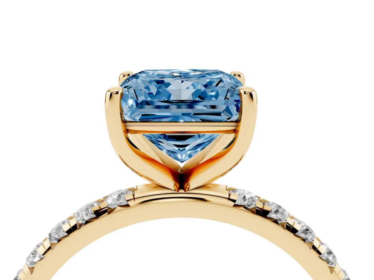 Fancy Blue Princess Cut Cut Diamond Solitaire Ring with Micro Pave Band and Four Prong Setting Yellow gold