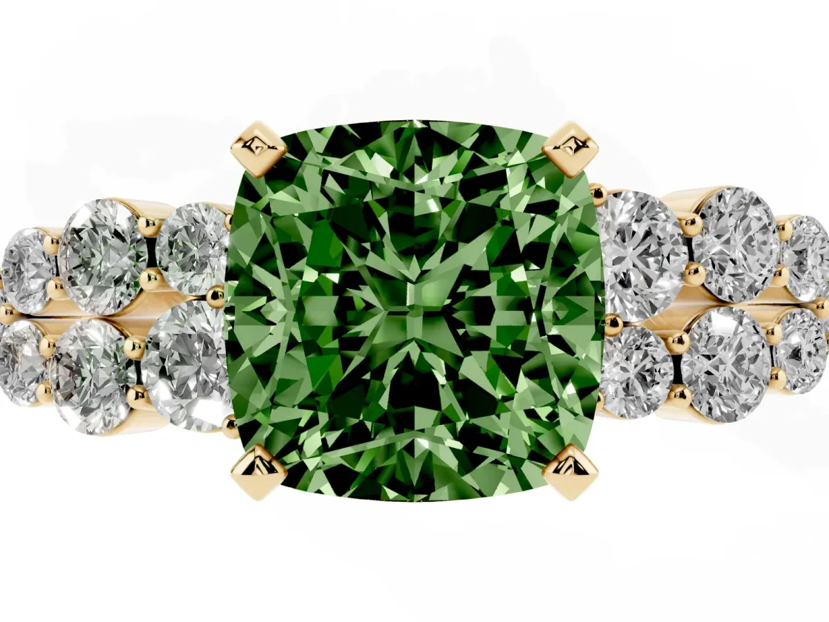 Fancy Green Cushion Cut Cluster Diamond Engagement Ring with Pavé Band and Four-Prong Setting Yellow gold