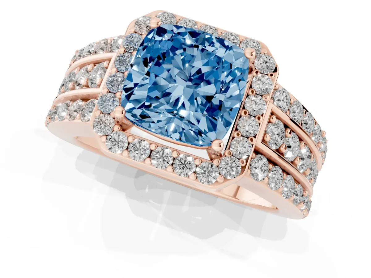 Fancy Blue Cushion Cut Halo Diamond Ring with Round Split Shank and Prong Setting Rose gold
