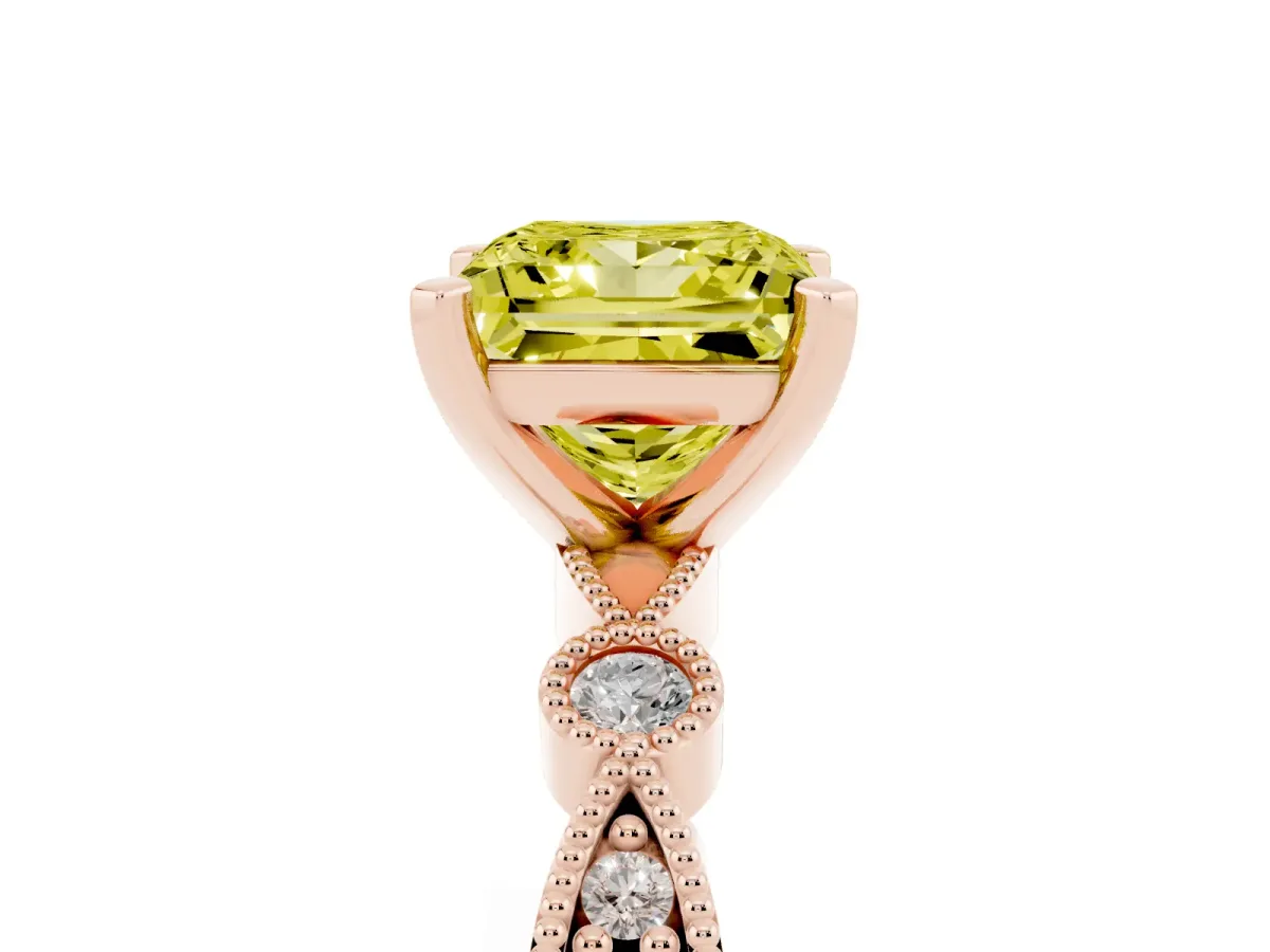 Fancy Yellow Princess Cut Milgrain Bezel Diamond Engagement Ring with Solitaire Prong Setting Rose gold