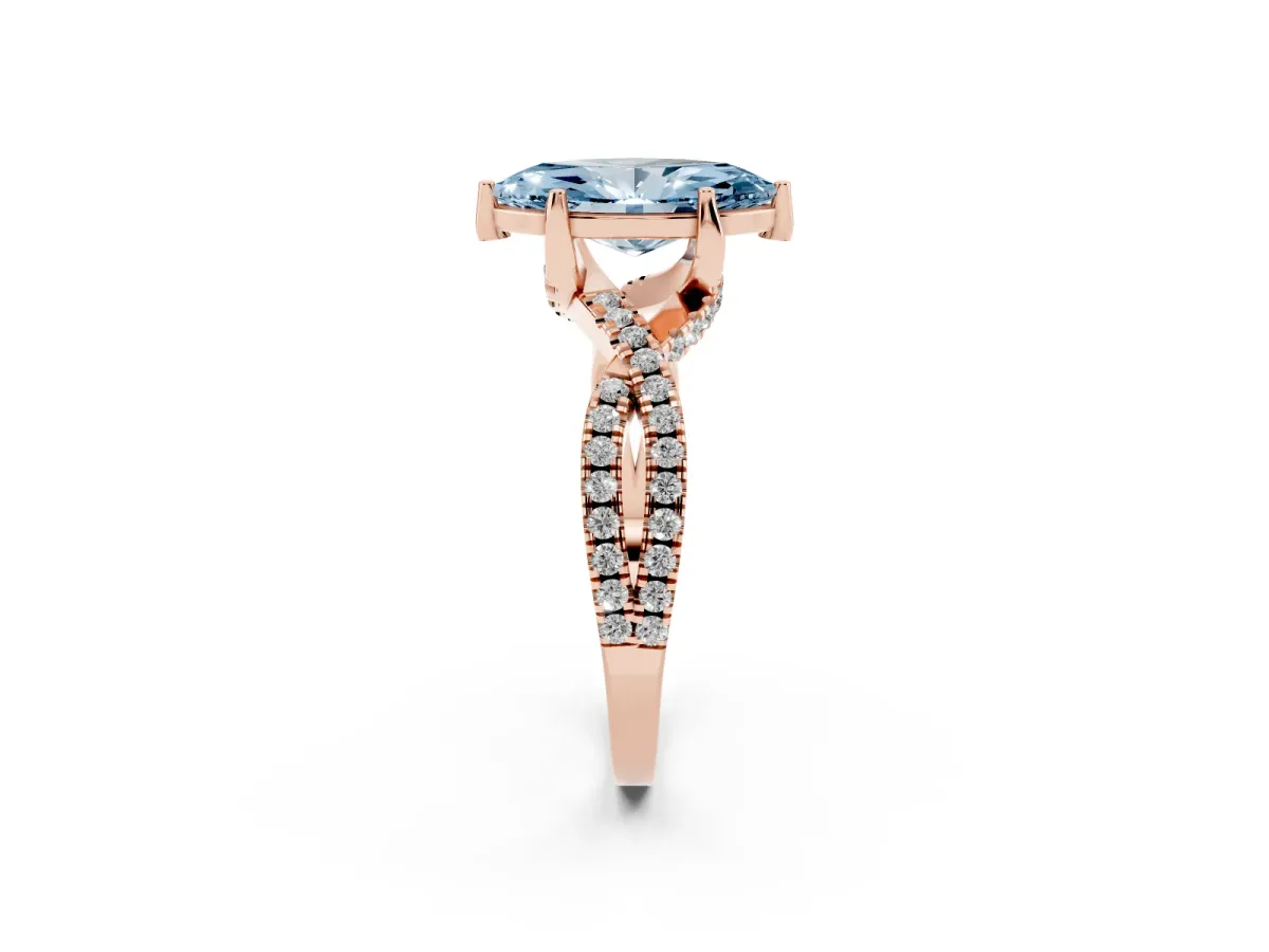 Fancy Blue Marquise Cut Solitaire Twist Pave Diamond Engagement Ring with Prong Setting Rose gold