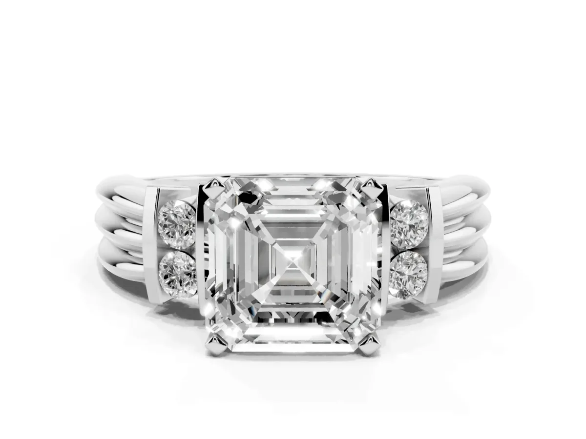 Asscher Cut Cut Three-Stone Channel Set Ring with Bar Prongs Silver