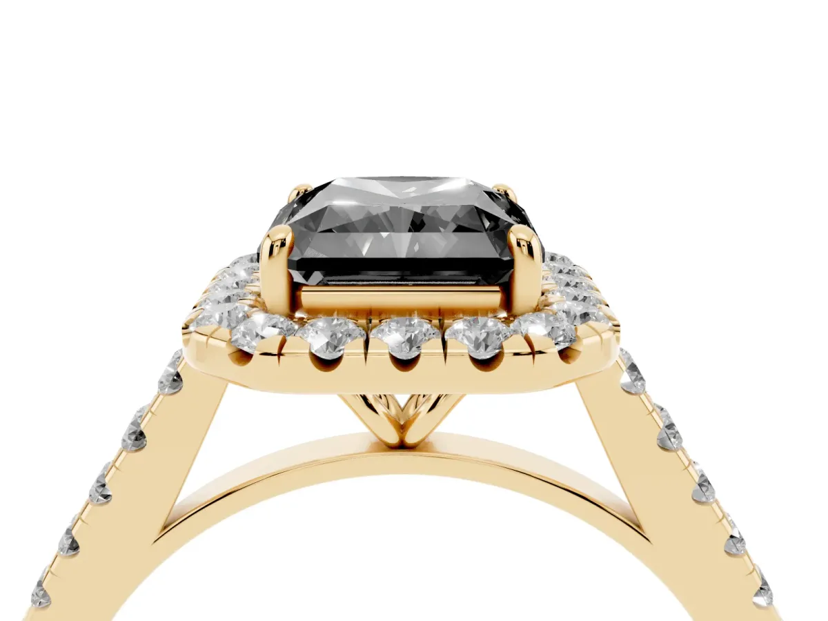 Fancy Black Radiant Cut Halo Pave Diamond Engagement Ring with Four-Prong Setting Yellow gold