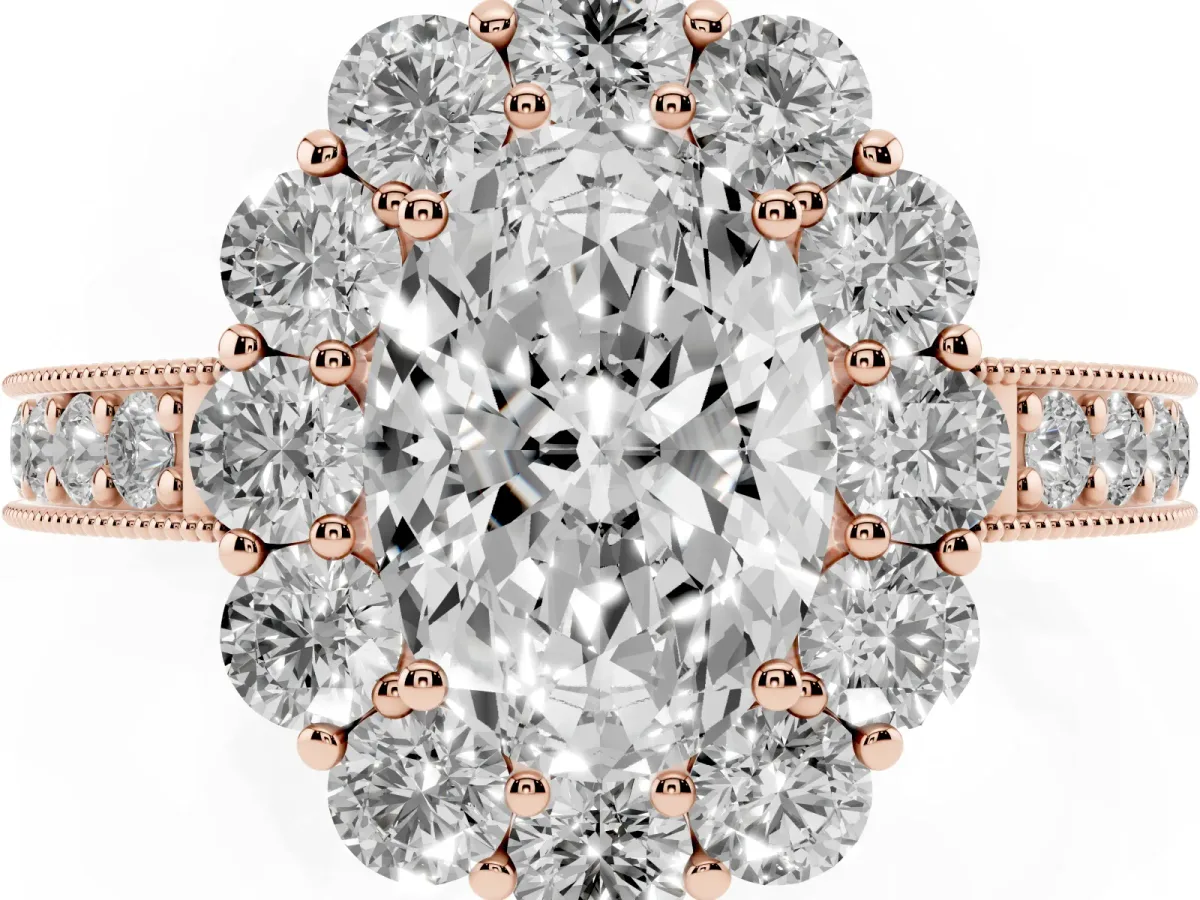 Oval Cut Cut Halo Diamond Pavé Engagement Ring with Milgrain Detailing Rose gold