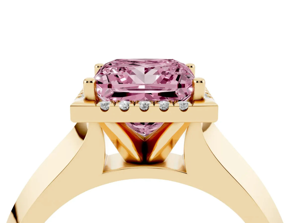 Fancy Pink Princess Cut Halo Diamond Ring with Cathedral Band and Four-Prong Setting Yellow gold