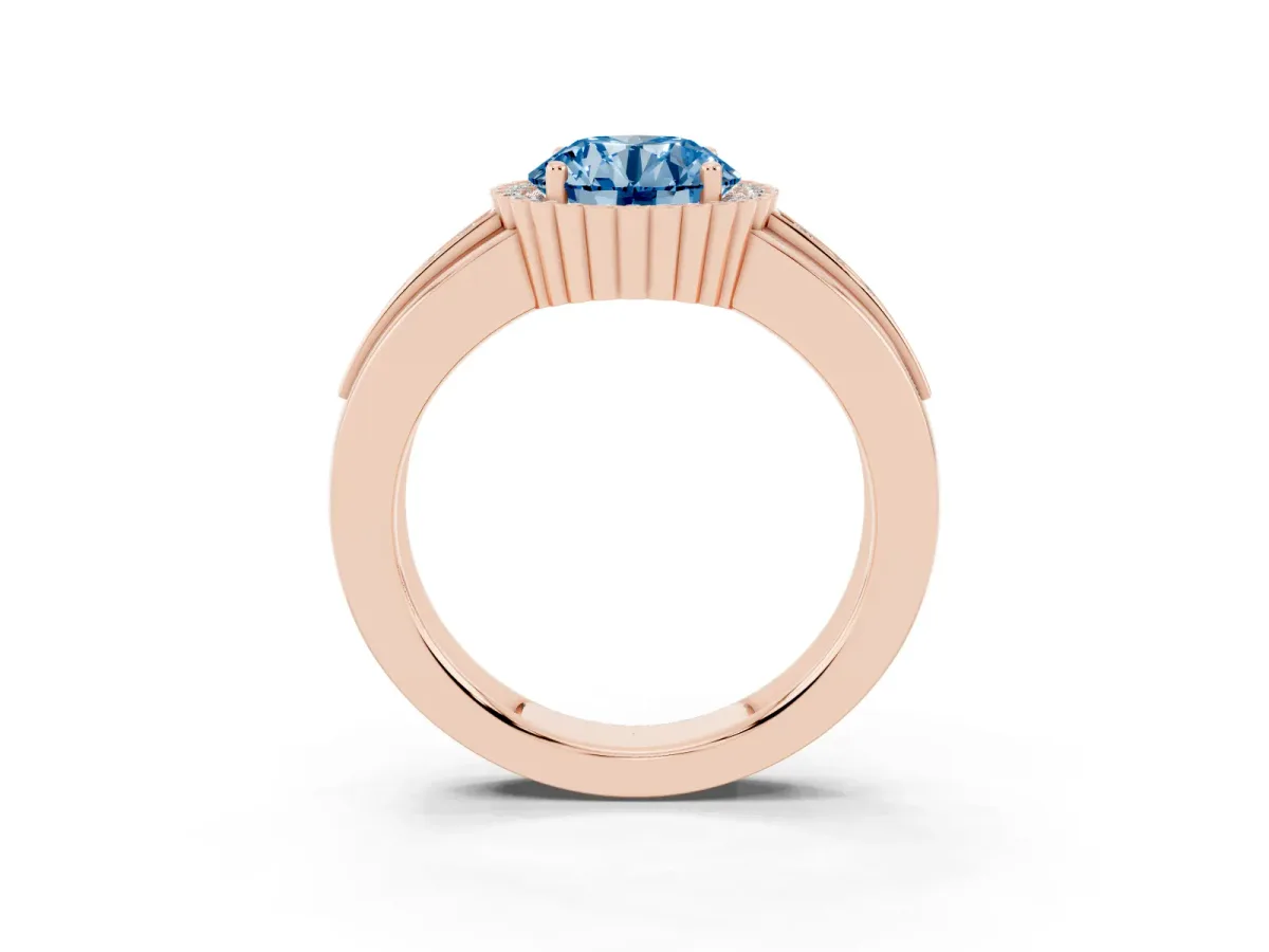 Fancy Blue Round Cut Cut Halo Pave Band Four-Prong Ring Rose gold