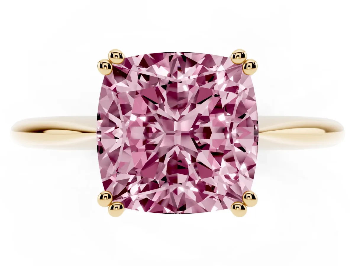 Fancy Pink Cushion Cut Solitaire Diamond Ring with Six-Prong Setting and Classic Band Yellow gold
