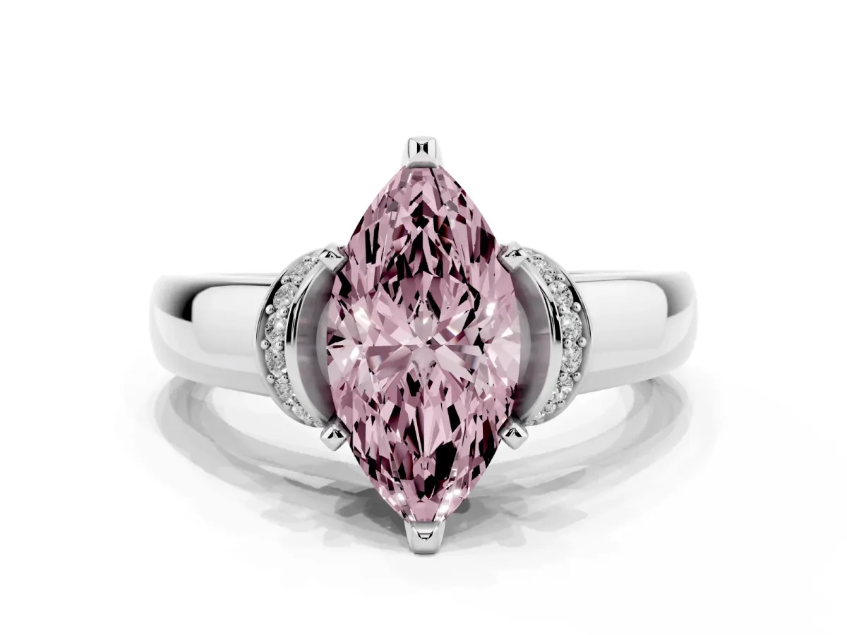 Fancy Pink Marquise Cut Solitaire Diamond Ring with Pave Band and Six-Prong Setting Platinum