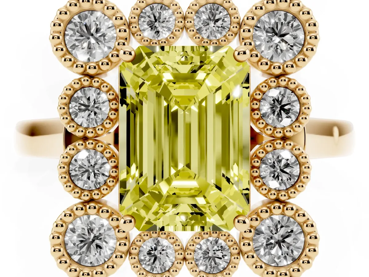 Fancy Yellow Emerald Cut Halo Diamond Cluster Engagement Ring with Milgrain Bezel Setting and Solitaire Band Yellow gold