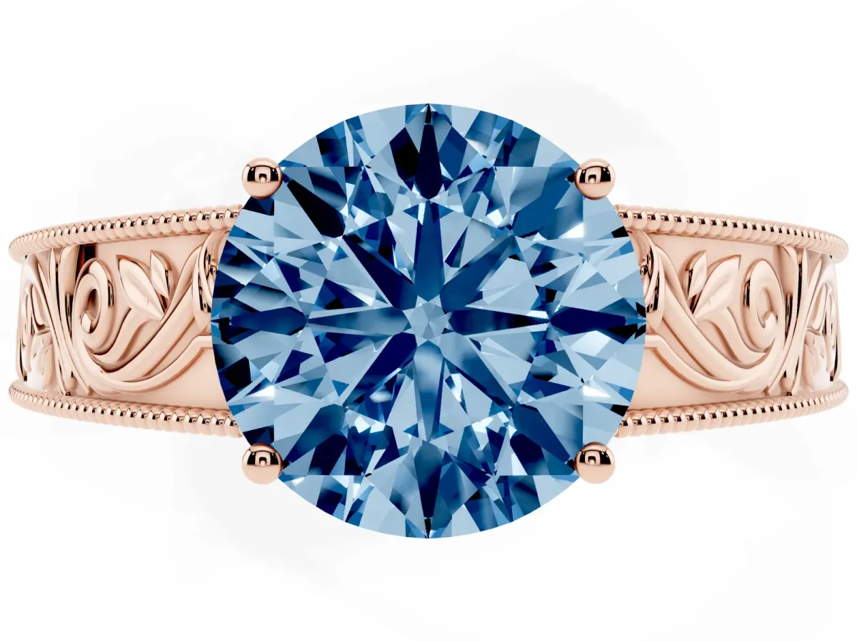 Fancy Blue Round Cut Diamond Solitaire Ring with Engraved Band and Four-Prong Setting Rose gold