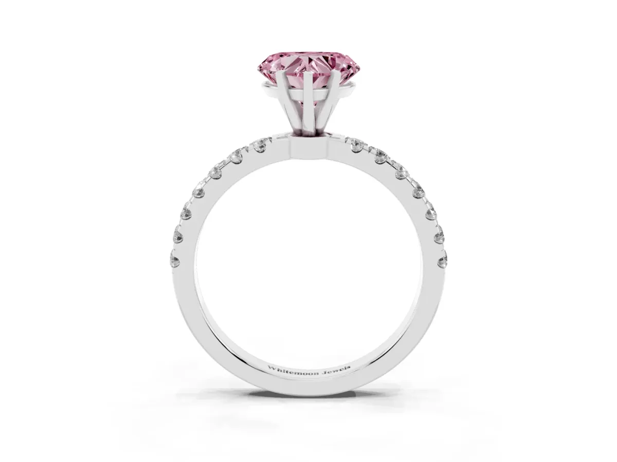 Fancy Pink Heart Cut Diamond Solitaire Ring with Pavé Accents and Four-Prong Setting Platinum