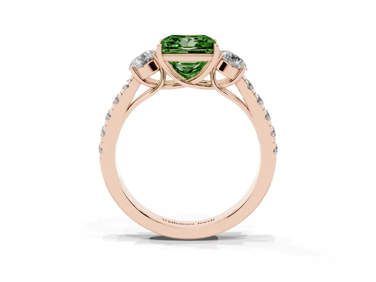 Fancy Green Princess Cut Cut Diamond Three-Stone Ring with Round Side Stones and Pavé Band Rose gold
