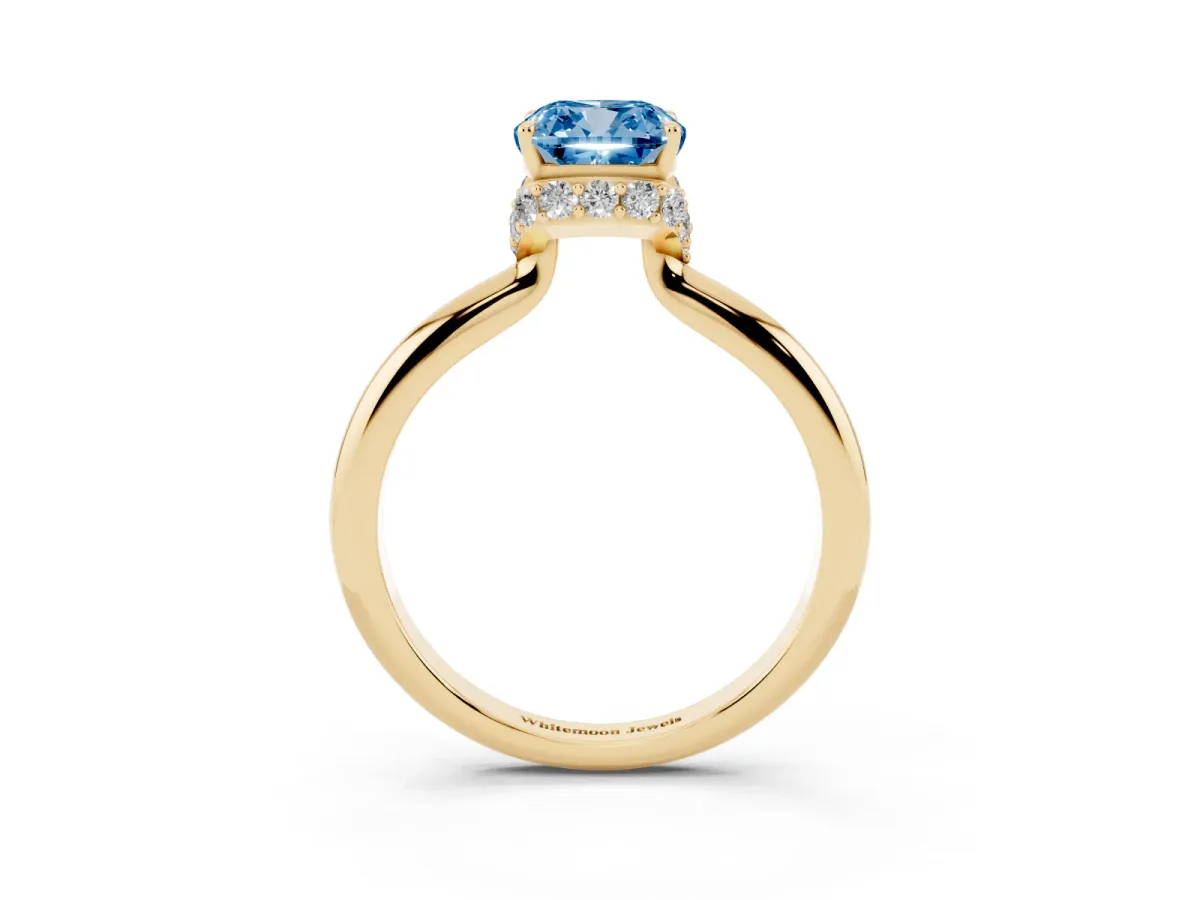 Fancy Blue Cushion Cut Brilliant Solitaire Engagement Ring with Six-Prong Setting and Classic Band Yellow gold