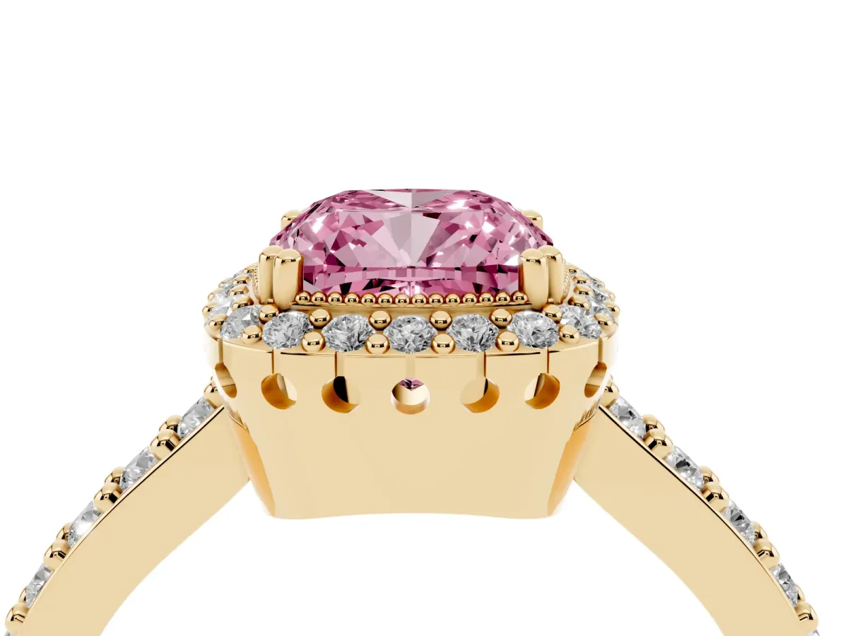 Fancy Pink Cushion Cut Cut Diamond Halo Engagement Ring with Milgrain Detail and Pavé Band Yellow gold