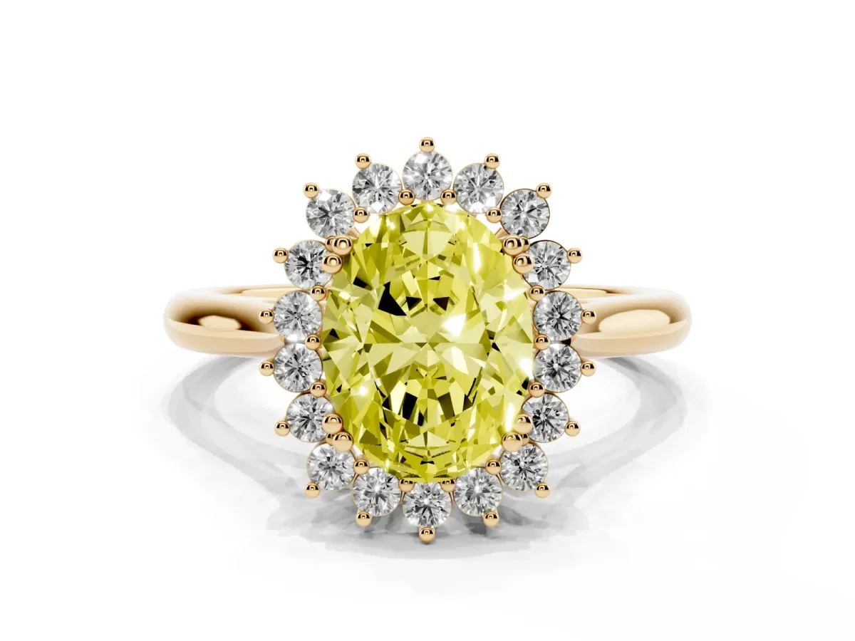 Fancy Yellow Oval Cut Cut Diamond Halo Ring with Solitaire Band and Prong Setting Yellow gold