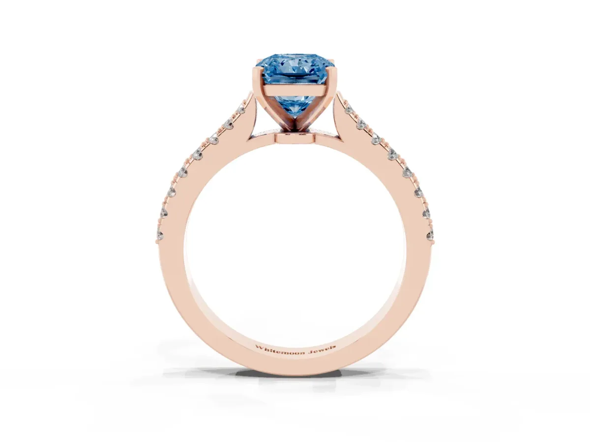 Fancy Blue Radiant Cut Cut Solitaire Diamond Engagement Ring with Pave Band and Four-Prong Setting Rose gold