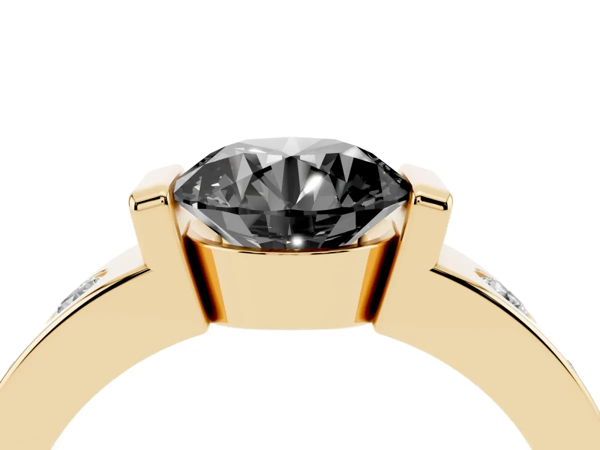 Fancy Black Round Cut Brilliant Channel-Set Diamond Ring with Bezel Prong Setting Yellow gold