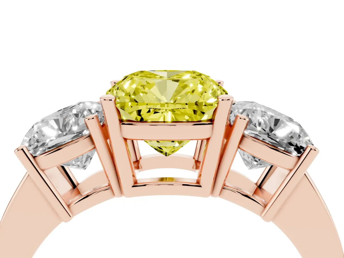Fancy Yellow Three-Stone Cushion Cut Cut Diamond Engagement Ring with Flat Band and Four-Prong Setting Rose gold