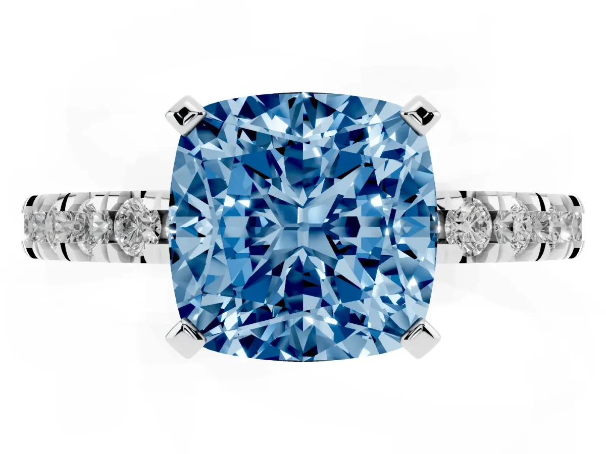 Fancy Blue Cushion Cut Diamond Pavé Band Solitaire with Four-Prong Setting Platinum
