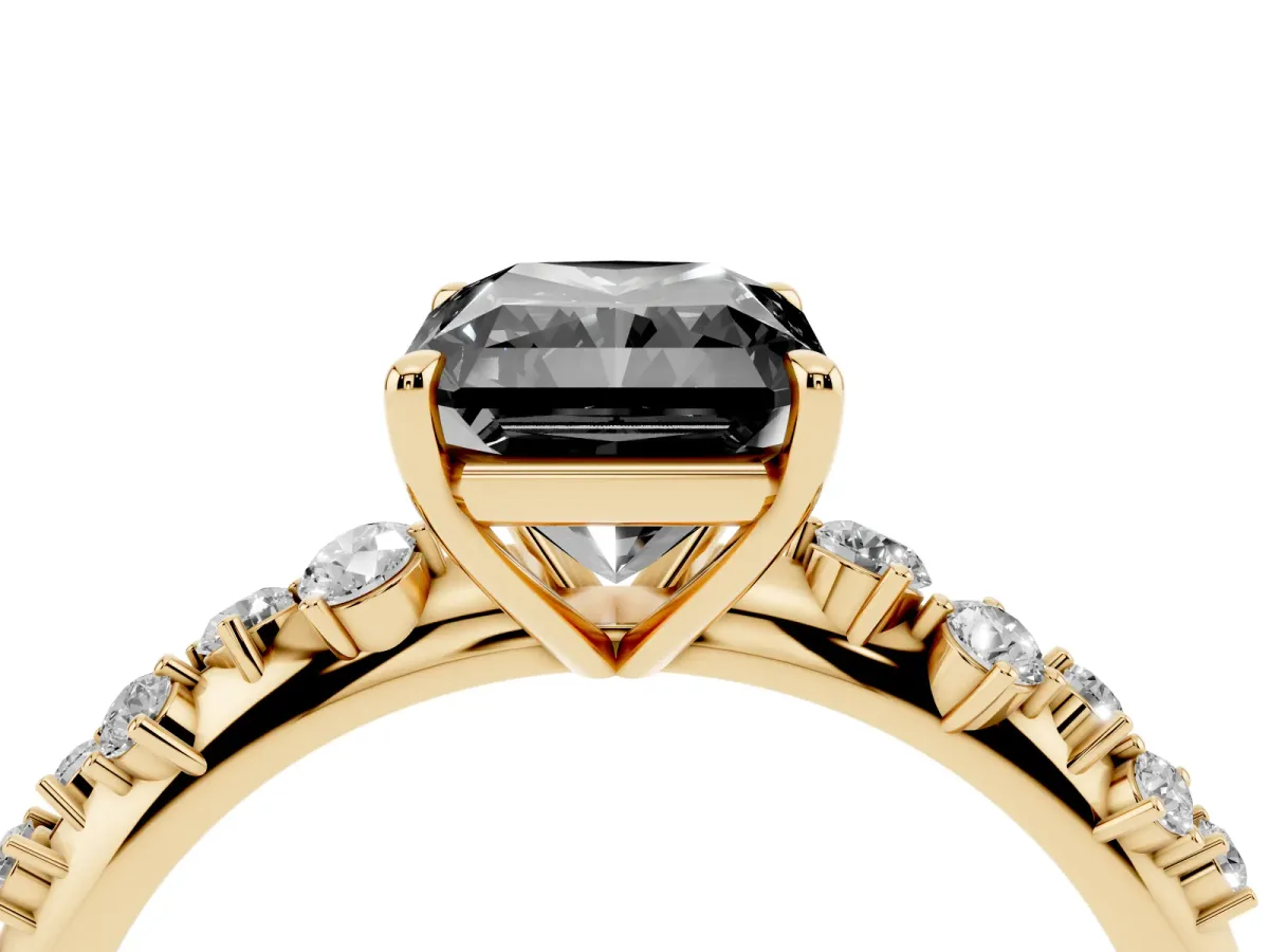 Fancy Black Radiant Cut Diamond Cluster Side Stone Solitaire Ring with Prong Setting Yellow gold