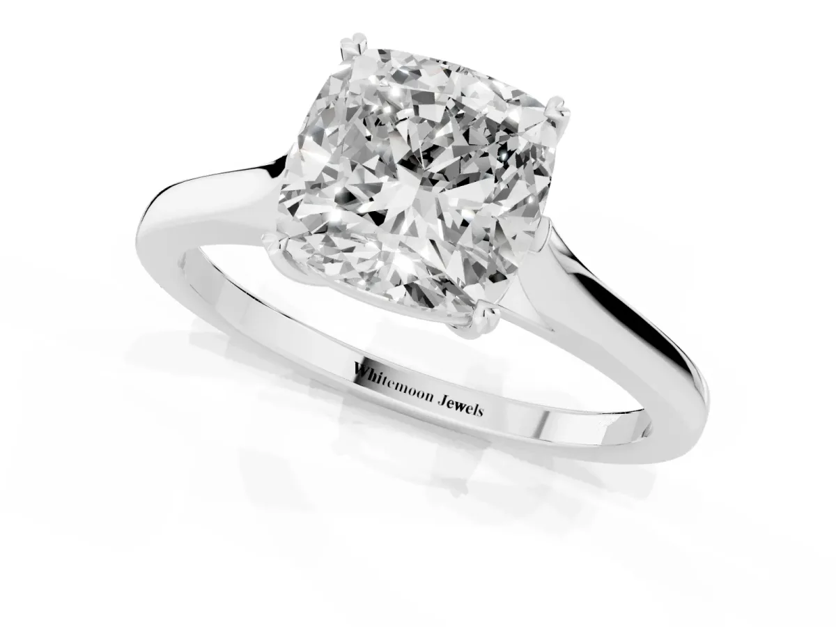 Cushion Cut Solitaire Heart Prong Engagement Ring with Tapered Band White gold