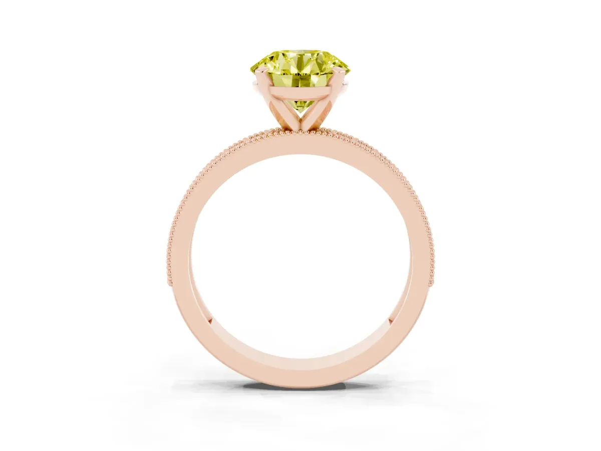 Fancy Yellow Round Cut Diamond Milgrain Pavé Engagement Ring with Four-Prong Setting Rose gold